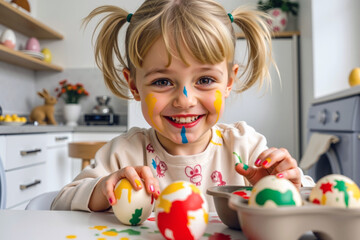 A young child with is colouring easter eggs