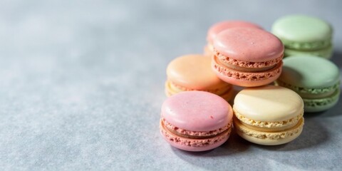 Obraz premium A delightful assortment of pastel-colored macarons, meticulously arranged on a subtle textured surface