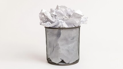 A simple wire mesh trash can filled with crumpled paper on a white background