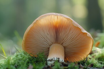 A stunning close-up of a mushroom from below showcases its intricate gills and earthy tones. Nature reveals its beauty through this delicate fungus. Generative AI