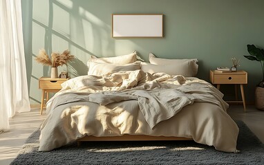Sunlit bedroom, beige linens, minimalist decor, morning light, calm atmosphere, interior design.