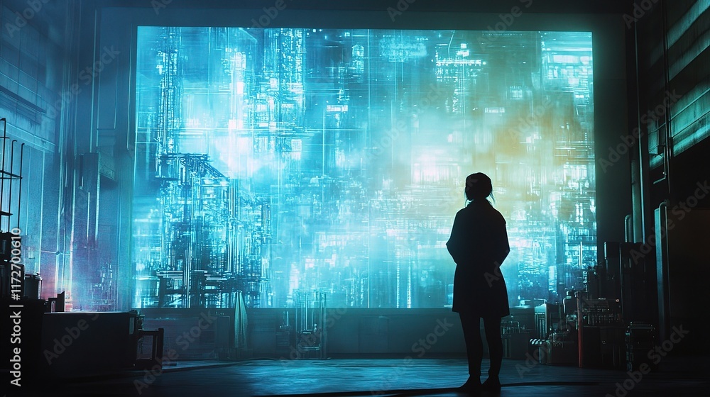 Poster digital holographic display in a factory setting with person silhouette
