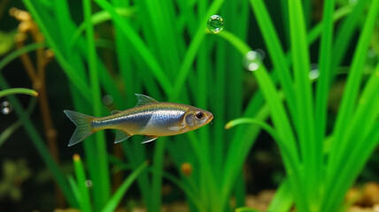 Fototapeta premium Freshwater fish swimming in green aquatic plants
