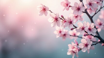 Fototapeta premium Delicate Pink Blossoms on a Branch in Soft Light