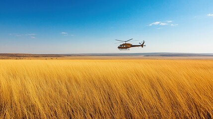 Helicopter flying over golden field under blue sky.