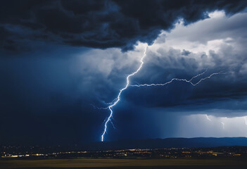 Dramatic landscape with dark storm clouds and multiple lightning strikes over a distant horizon.