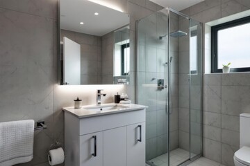 Interior of modern tiled bathroom with mirror over sink and rack by bright window in contemporary house