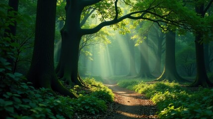 Sunlit Path Through a Mystical Green Forest with Lush Undergrowth