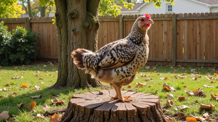 Chicken on a tree stump in a garden