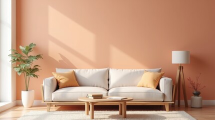 A close-up shot of a trendy, peach-colored interior featuring a minimal living room with a wooden coffee table positioned near a sofa
