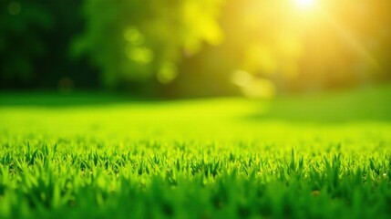 Vibrant Green Grass Illuminated by Warm Sunlight in a Serene Natural Setting
