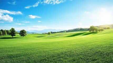 A wide-open green field with a few trees scattered across the landscape and a distant mountain backdrop