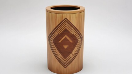 A wooden trash can with a modern geometric pattern on a white backdrop