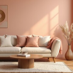 A close-up shot of a trendy, peach-colored interior featuring a minimal living room with a wooden coffee table positioned near a sofa