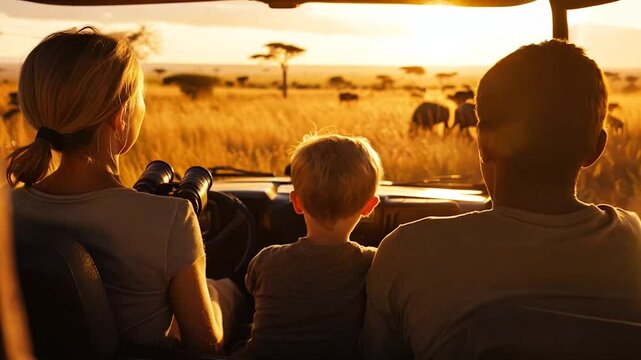 A family enjoying a wildlife safari, observing animals in the golden savanna during sunset. The warm light, binoculars, and open jeep emphasize adventure, connection, and the beauty of nature.