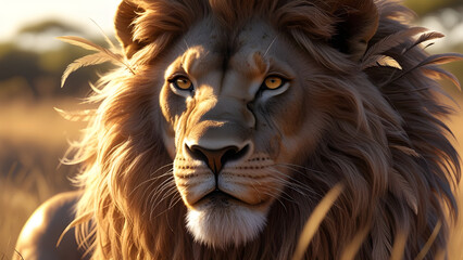 Naklejka premium Majestic Lion in the Golden Afternoon A Hyper-Realistic Portrait