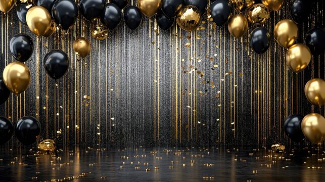 Bold black and gold balloon arch on a shimmering metallic silver background