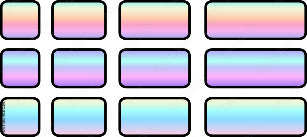 Poster Buttons with rainbow iridescent gradient, square and rectangular shapes collection, interesting navigation panel for website with shiny holographic buttons.
