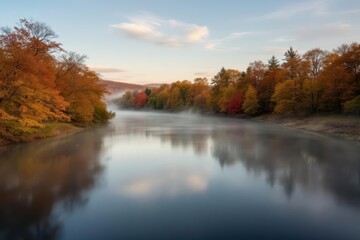 Autumn atmosphere with fog on the river in the evening light in northern regions