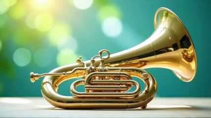 A Shiny Golden Euphonium Rests on a Wooden Surface Against a Blurred Green Background