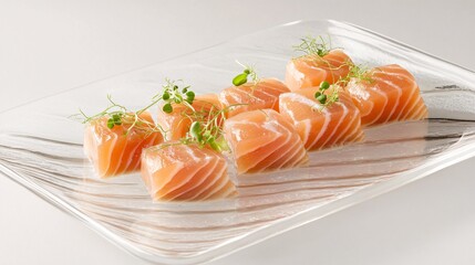 Fresh Salmon Slices Decorated with Microgreens on Elegant Plate