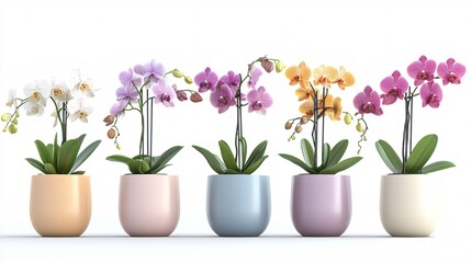 Colorful Orchid Plants in Decorative Pots on White Background