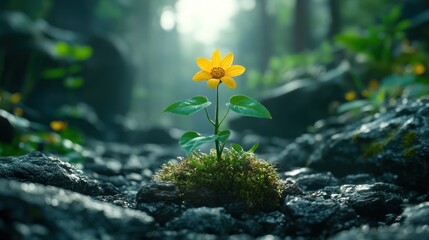 Solitary yellow flower blooming amidst rocks in a dark forest.