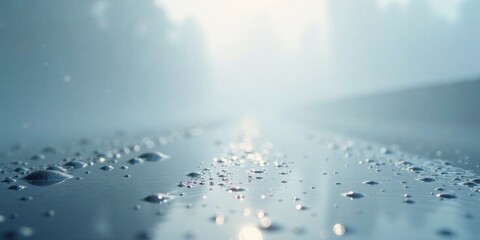 Serene Dawn Water Droplets on a Misty Surface Reflecting Soft Light