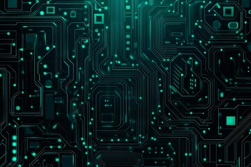 Abstract close-up of a glowing blue digital circuit board, showcasing intricate connections and technological design on a black background.
