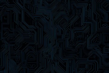 Abstract close-up of a glowing blue digital circuit board, showcasing intricate connections and technological design on a black background.
