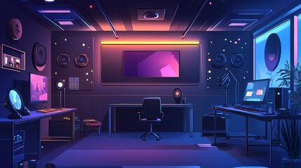 Fototapeta premium Modern Vibrant Home Office with Futuristic Lighting and Technology