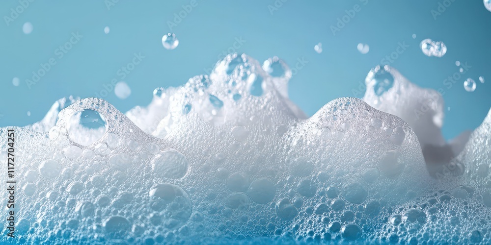 Poster close-up view of lathering soap foam bubbles with a soft blue background creating a refreshing and c
