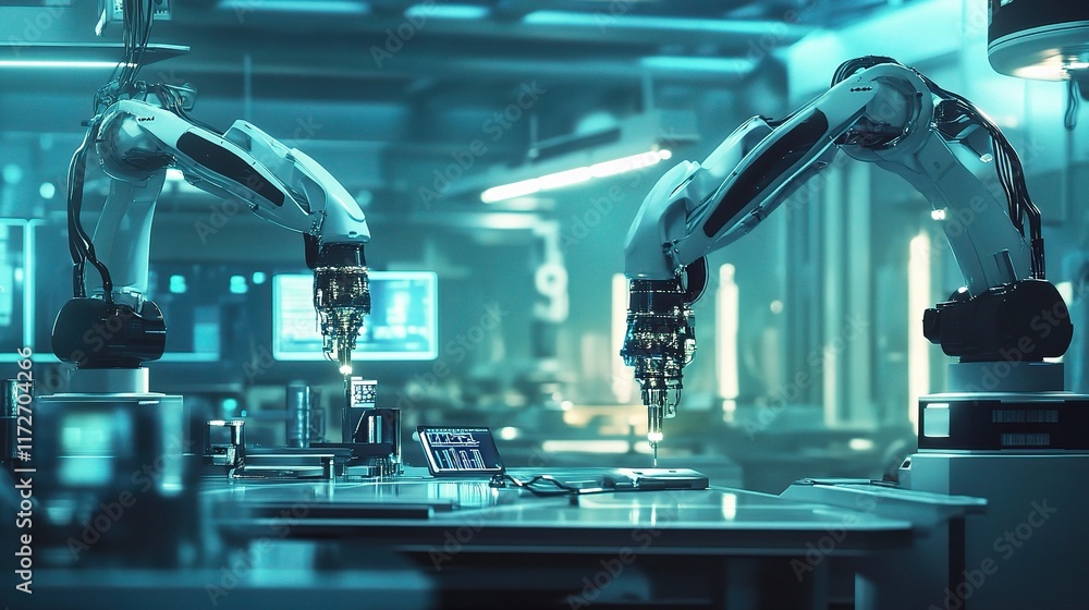 Poster futuristic factory with robotic arms and smart machine technology