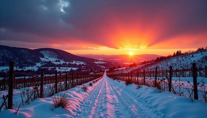 Fototapeta premium A cold and wintry sunset casts long shadows across Crimea's vineyard landscape, winter sunset, dark clouds