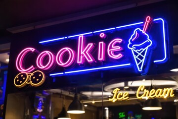 Neon sign advertising cookies and ice cream