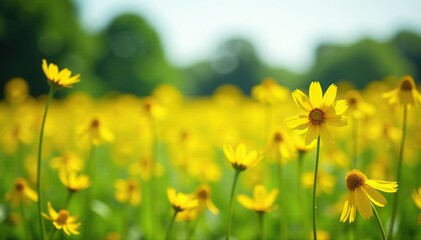 Fototapeta premium A field of yellow wildflowers swaying in the breeze against a backdrop of green, sunshine, flowers, yellow