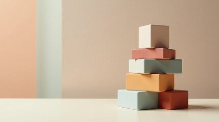 Obraz premium Pastel-Colored Blocks Arranged in a Balanced Stack on a Neutral Background