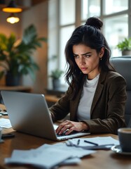 Hispanic Woman Typing One-Star Review on Laptop, Illustrating Customer Dissatisfaction