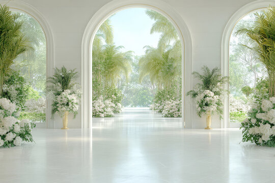 Luxury Palace Interior Background. White Marble Hall with Rose Flowers and Green Plants. Door in Tropical Garden. Abstract Wedding Background