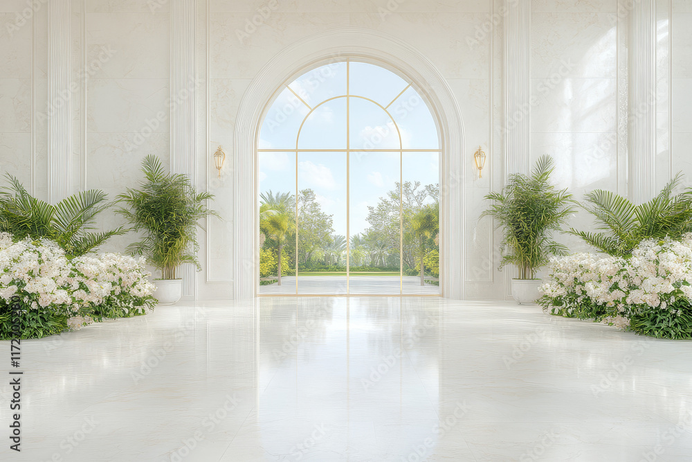 Canvas Prints Palace Interior Background. White Marble Hall with Rose Flowers and Palm Trees. Door in Tropical Garden. Abstract Wedding Background