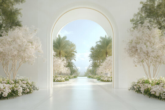Palace Interior Background. White Marble Hall with Rose Flowers, Flowering Trees and Green Plants. Door in Tropical Garden. Abstract Wedding Background