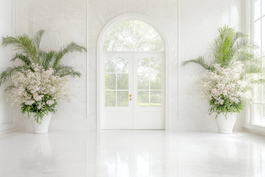 Palace Interior Background. White Marble Hall with Rose Flowers and Tropical Green Plants. Door in Garden. Abstract Wedding Background