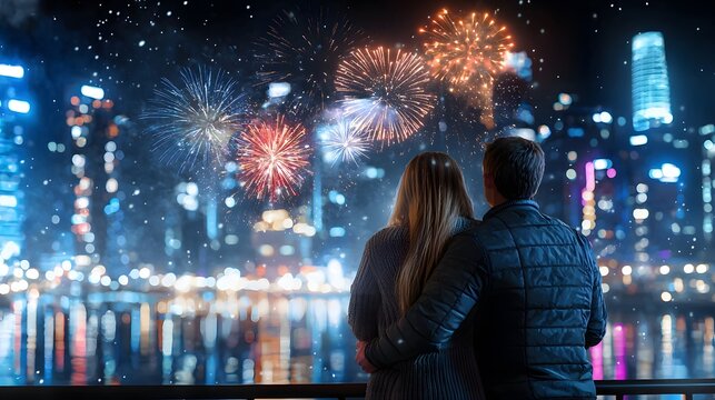 A couple standing on a private balcony, holding hands and gazing at colorful fireworks lighting up the festive city below, creating a joyful ambiance.