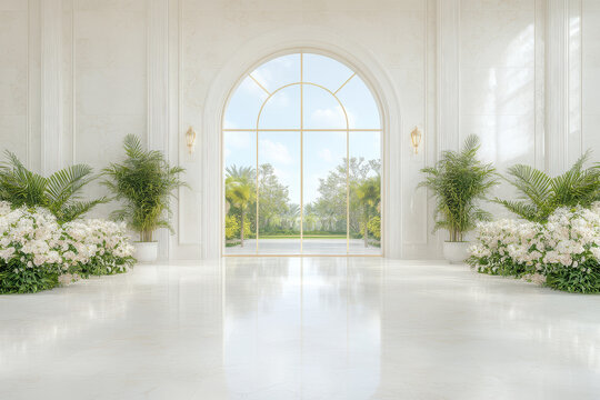 Palace Interior Background. White Marble Hall with Rose Flowers and Palm Trees. Door in Tropical Garden. Abstract Wedding Background