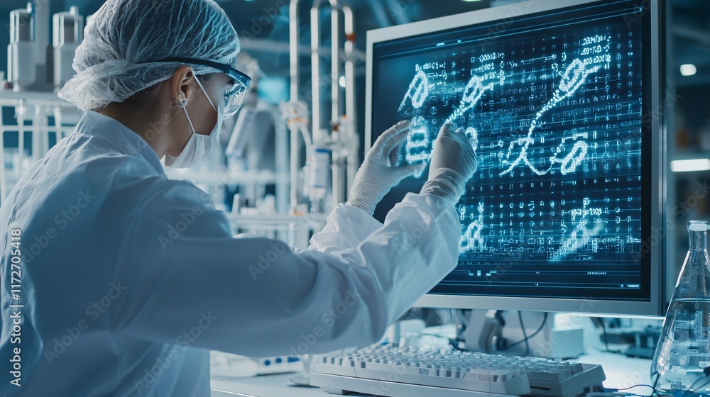 Aufkleber scientist in a high-tech biotech lab analyzing dna sequences on a holographic display, futuristic se