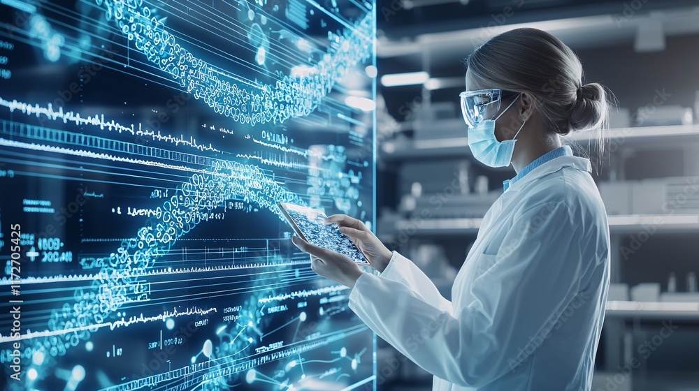 Aufkleber scientist in a high-tech biotech lab analyzing dna sequences on a holographic display, futuristic se