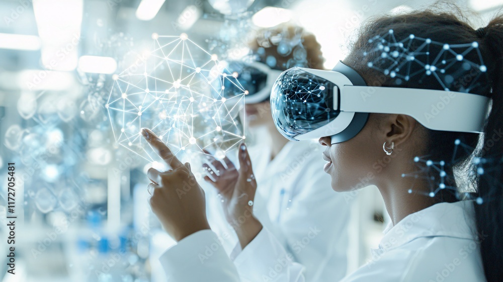 Aufkleber biotech researchers using virtual reality to manipulate molecular structures in a futuristic lab