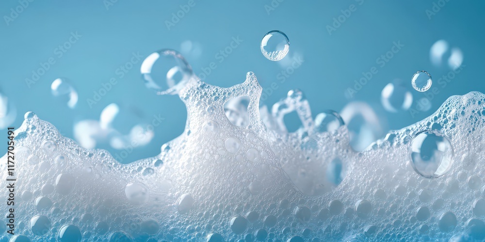 Poster close-up of soap foam bubbles in blue background with soft focus and water droplets in high resoluti