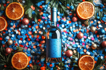 Bottle of wine is surrounded by oranges and confetti on blue background