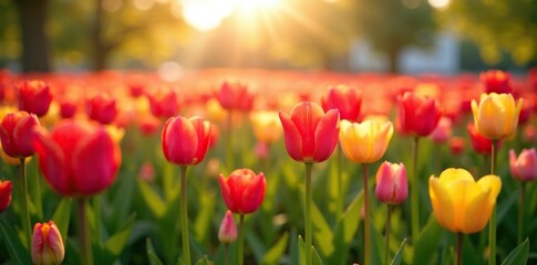 Obraz premium A serene and peaceful field of tulips with a soft morning light, landscape, colorful blooms, garden